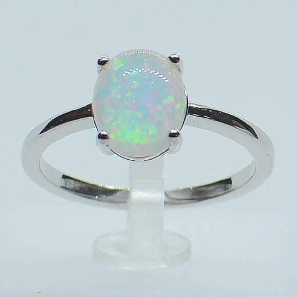 .925 Sterling Silver Solid White Opal Oval Ring - Picture 5 of 6